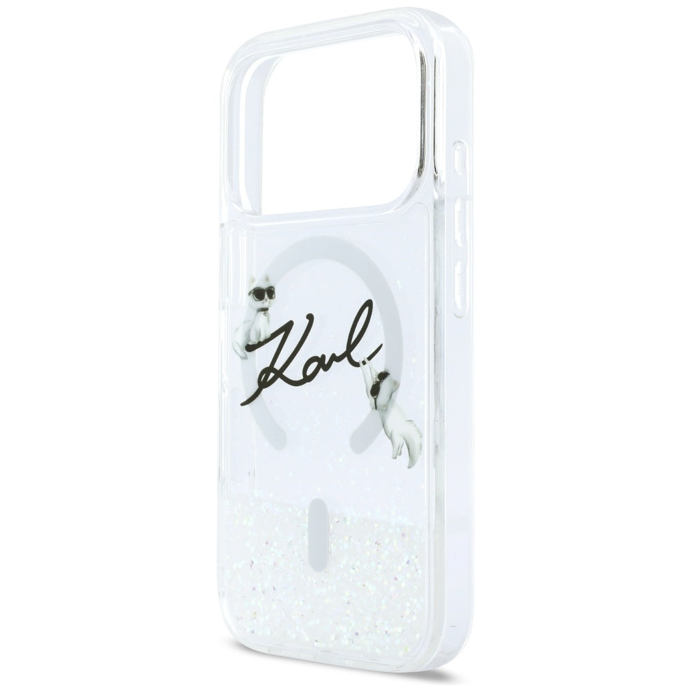 Coque MagSafe pour Apple iPhone 17 Pro, Karl Lagerfeld, Glitter Karl Script Logo, Transparente
