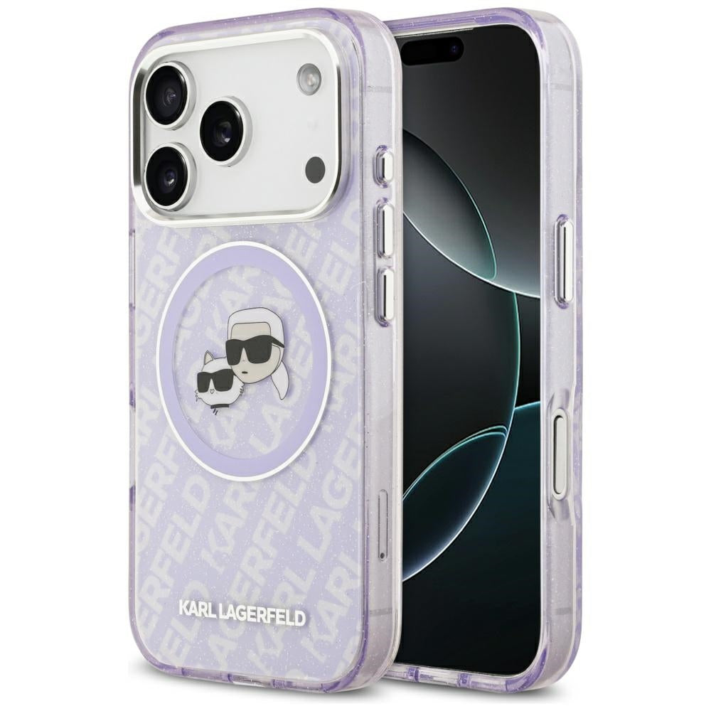 Coque MagSafe pour Apple iPhone 17 Pro, Karl Lagerfeld, IML Glitter Karl & Choupette's Heads, Mauve