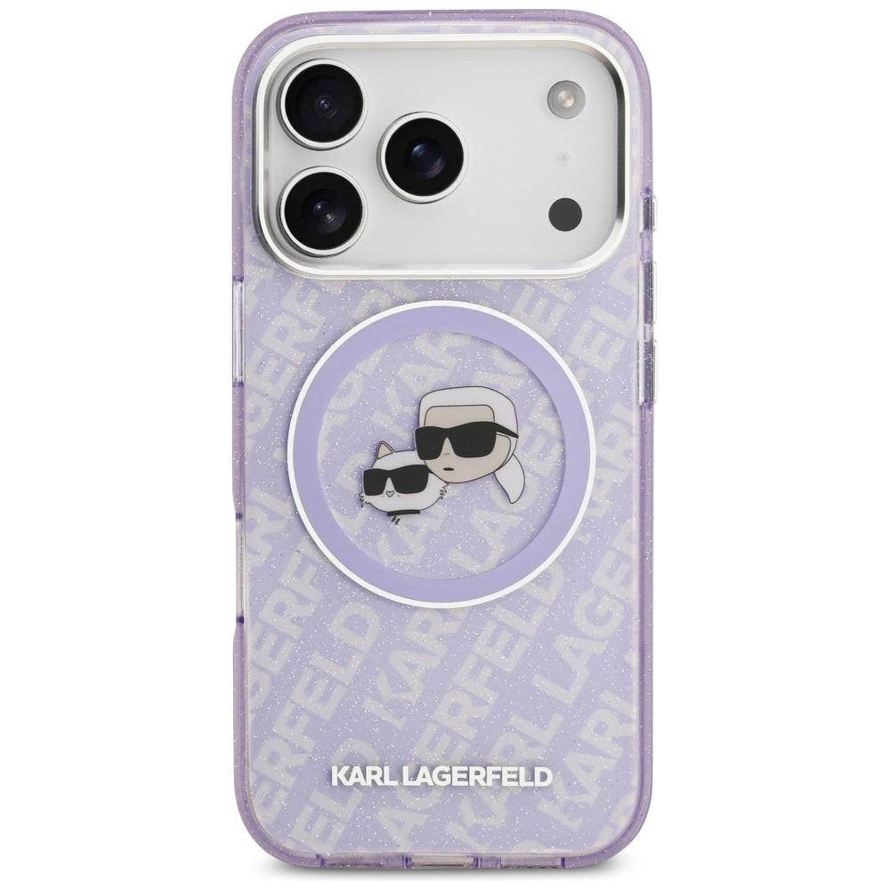 Coque MagSafe pour Apple iPhone 17 Pro, Karl Lagerfeld, IML Glitter Karl & Choupette's Heads, Mauve