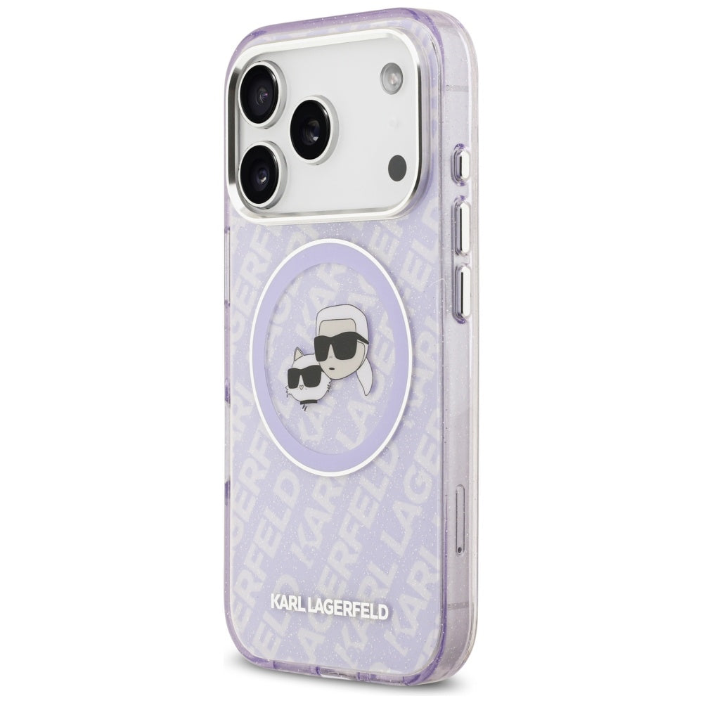 Coque MagSafe pour Apple iPhone 17 Pro, Karl Lagerfeld, IML Glitter Karl & Choupette's Heads, Mauve