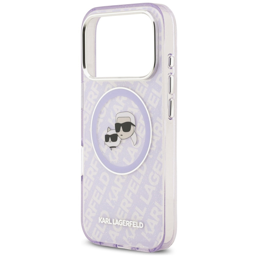 Coque MagSafe pour Apple iPhone 17 Pro, Karl Lagerfeld, IML Glitter Karl & Choupette's Heads, Mauve