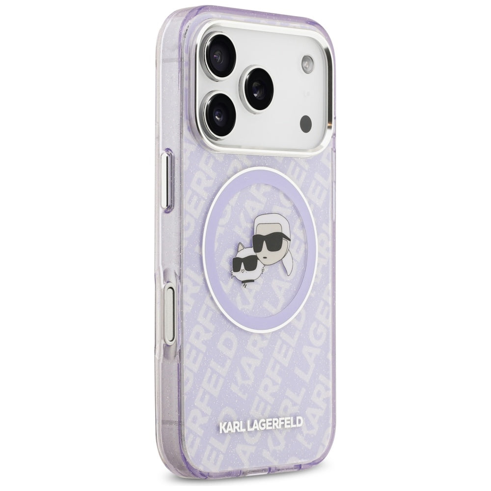 Coque MagSafe pour Apple iPhone 17 Pro, Karl Lagerfeld, IML Glitter Karl & Choupette's Heads, Mauve