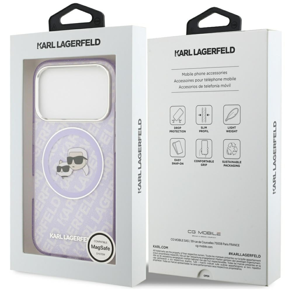 Coque MagSafe pour Apple iPhone 17 Pro, Karl Lagerfeld, IML Glitter Karl & Choupette's Heads, Mauve