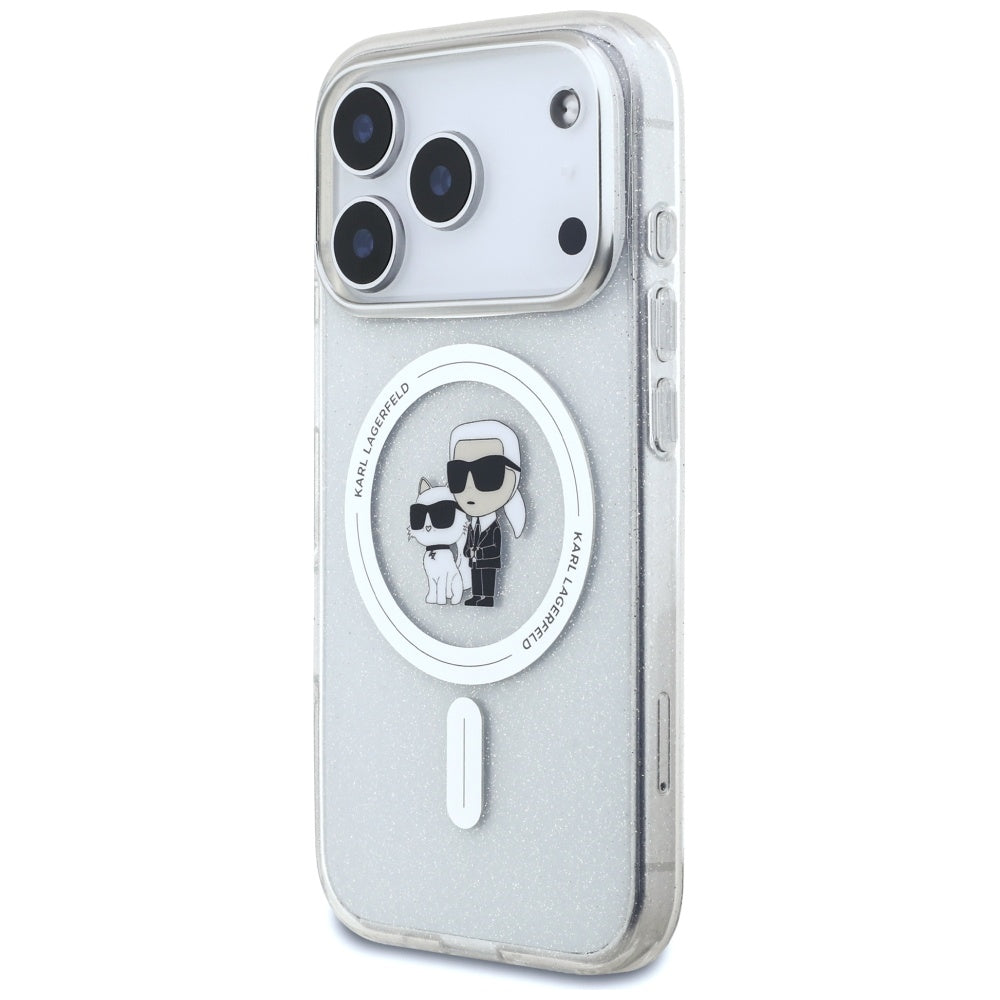 Coque MagSafe pour Apple iPhone 17 Pro, Karl Lagerfeld, IML Glitter Karl & Choupette, Transparente
