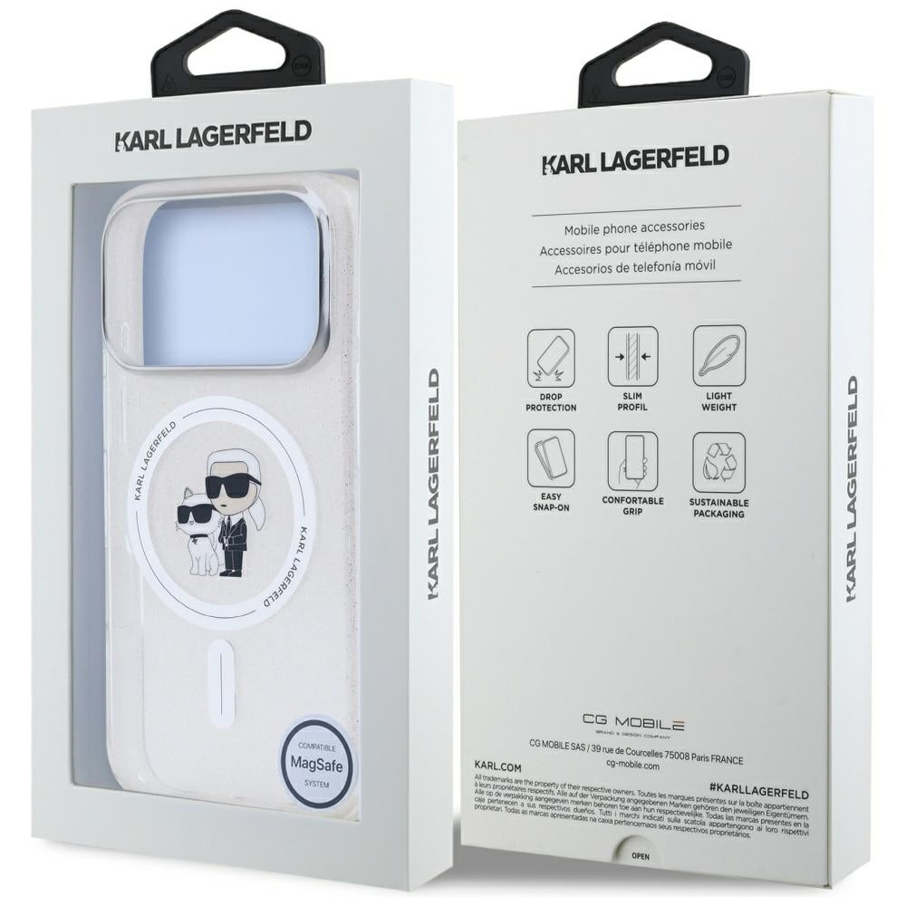 Coque MagSafe pour Apple iPhone 17 Pro, Karl Lagerfeld, IML Glitter Karl & Choupette, Transparente