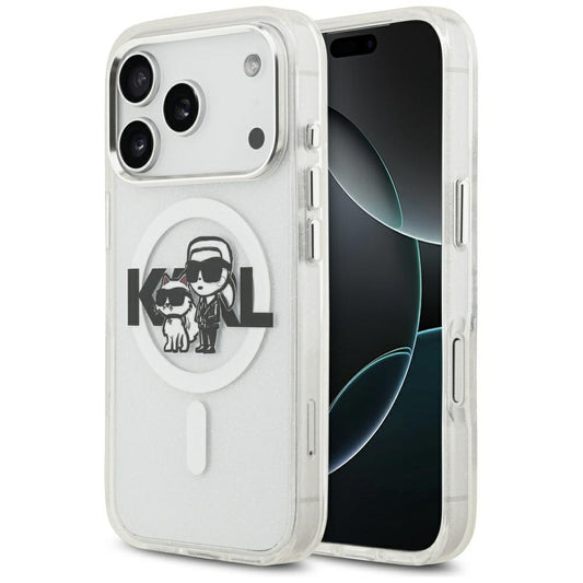 Coque MagSafe pour Apple iPhone 17 Pro, Karl Lagerfeld, IML Sketch Logo Glitter Karl & Choupette, Transparente