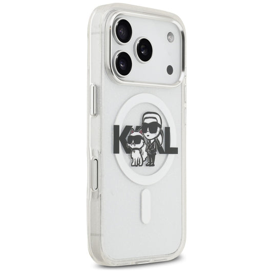 Coque MagSafe pour Apple iPhone 17 Pro, Karl Lagerfeld, IML Sketch Logo Glitter Karl & Choupette, Transparente
