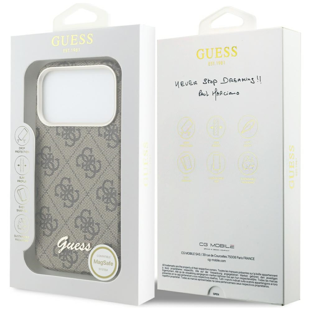 Coque MagSafe pour Apple iPhone 17 Pro Max, Guess, Logo Script 4G, Marron