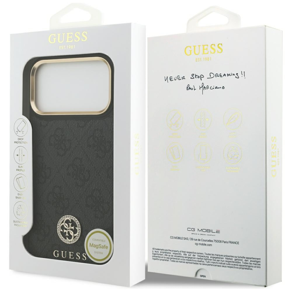 Étui MagSafe pour Apple iPhone 17 Pro Max, Guess, Logo Strass 4G, Noir