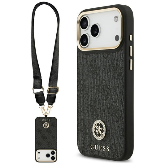 MagSafe Case for Apple iPhone 17 Pro Max, Guess, 4G Strass Logo with Big Strap, Black