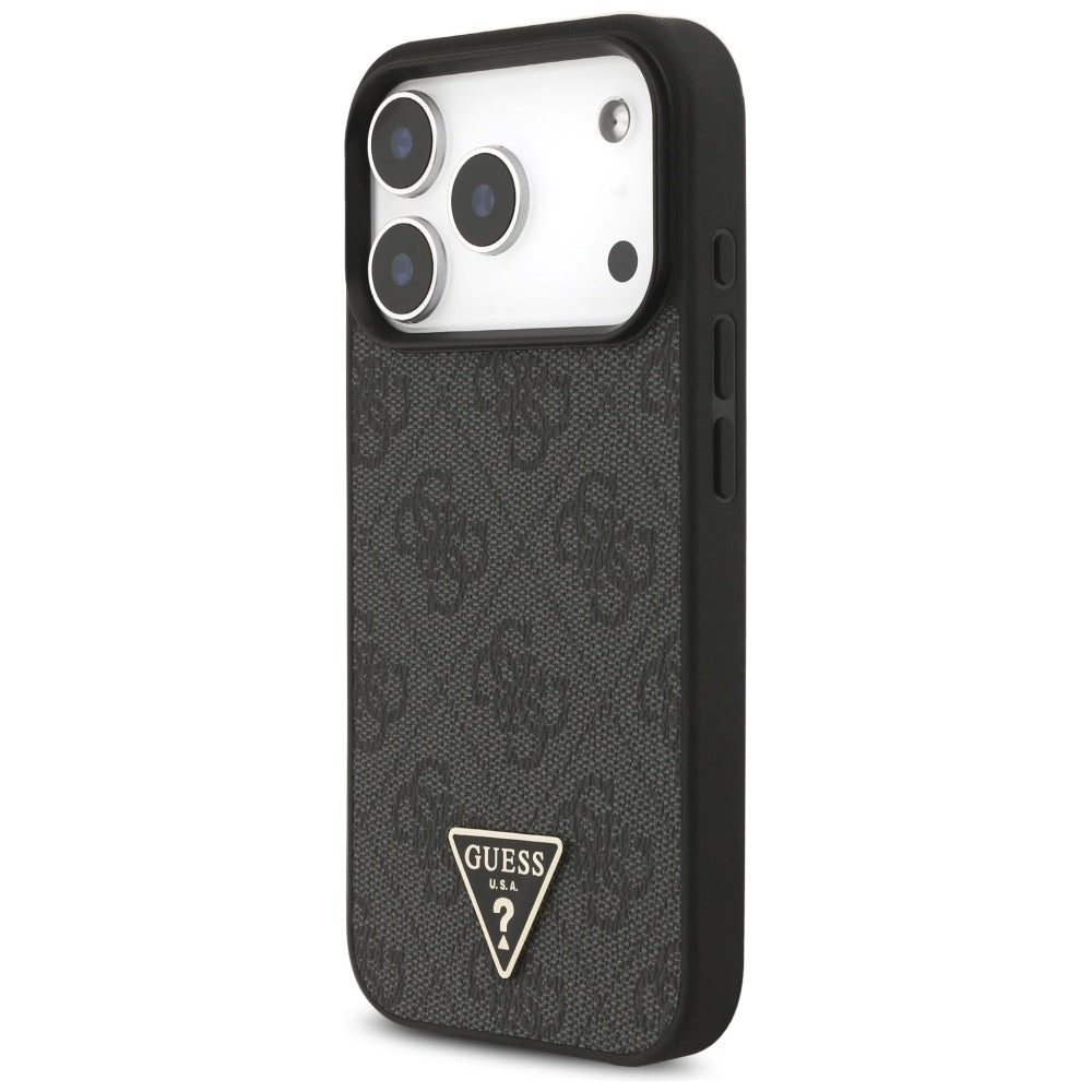 Coque MagSafe pour Apple iPhone 17 Pro Max, Guess, logo triangle 4G avec lanière, Noire
