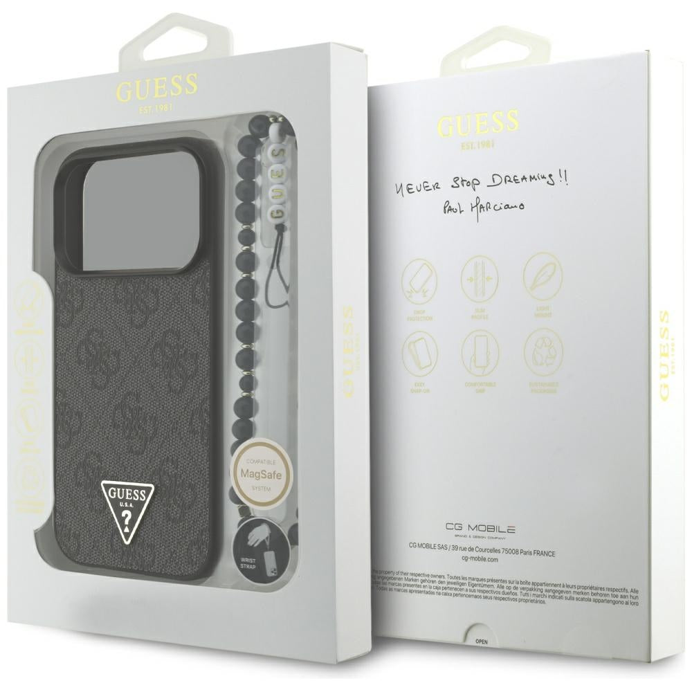 Coque MagSafe pour Apple iPhone 17 Pro Max, Guess, logo triangle 4G avec lanière, Noire