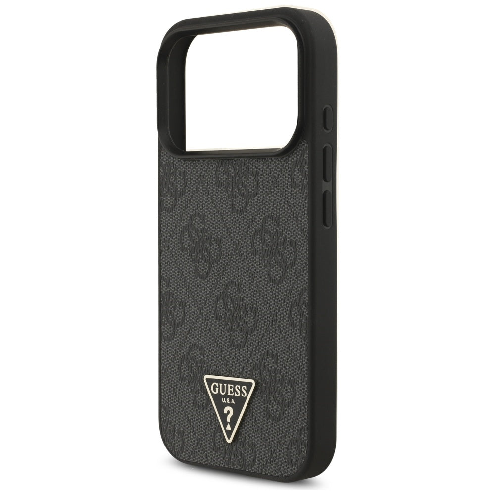 Coque MagSafe pour Apple iPhone 17 Pro Max, Guess, logo triangle 4G avec lanière, Noire