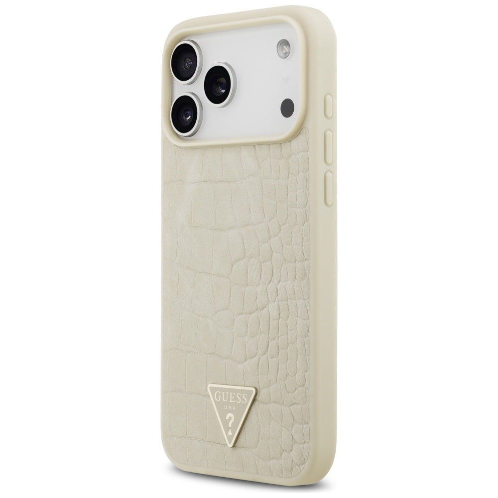Étui MagSafe pour Apple iPhone 17 Pro Max, Guess, Logo Triangle Croco, Doré