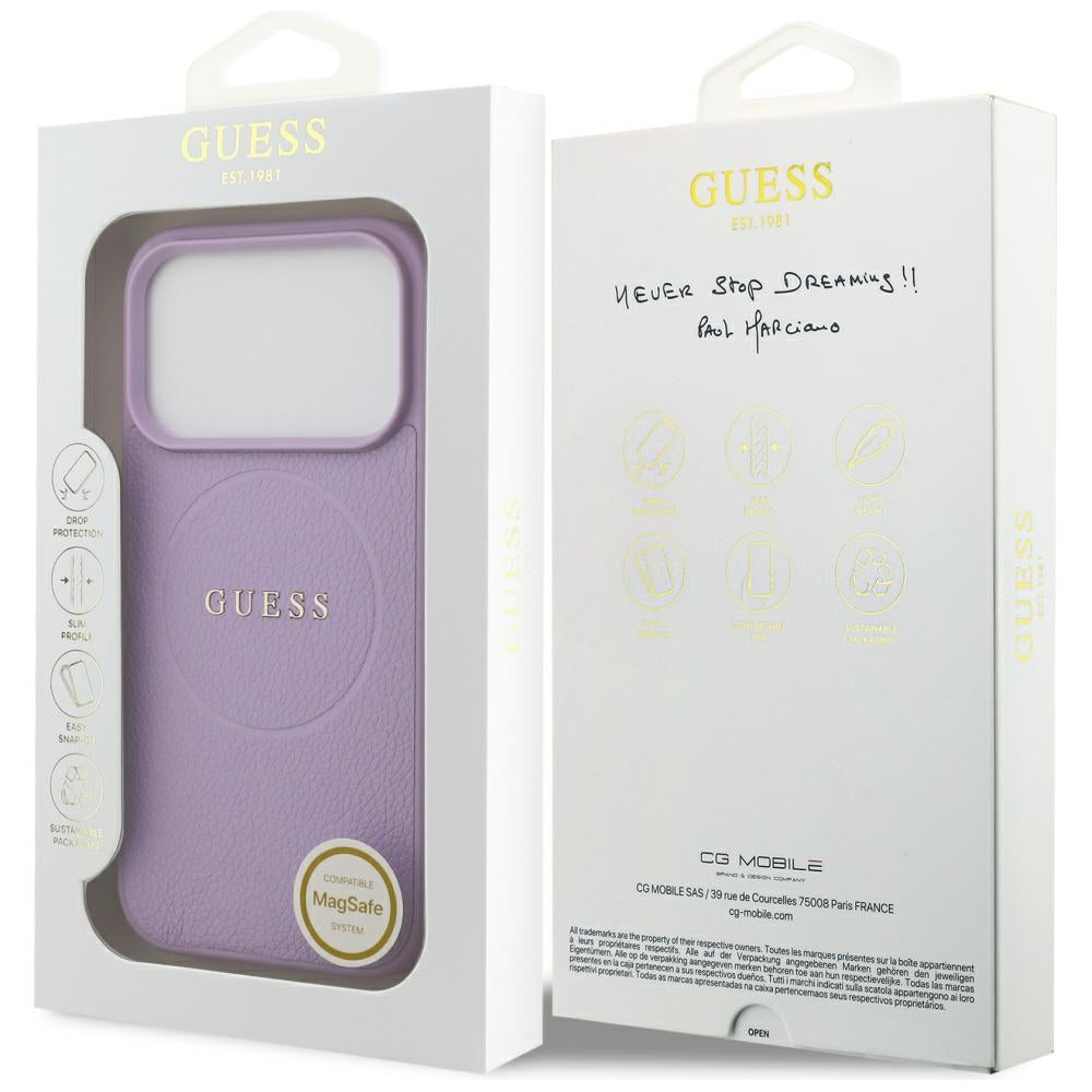 Étui MagSafe pour Apple iPhone 17 Pro Max, Guess, Grained Gold Ring, Violet