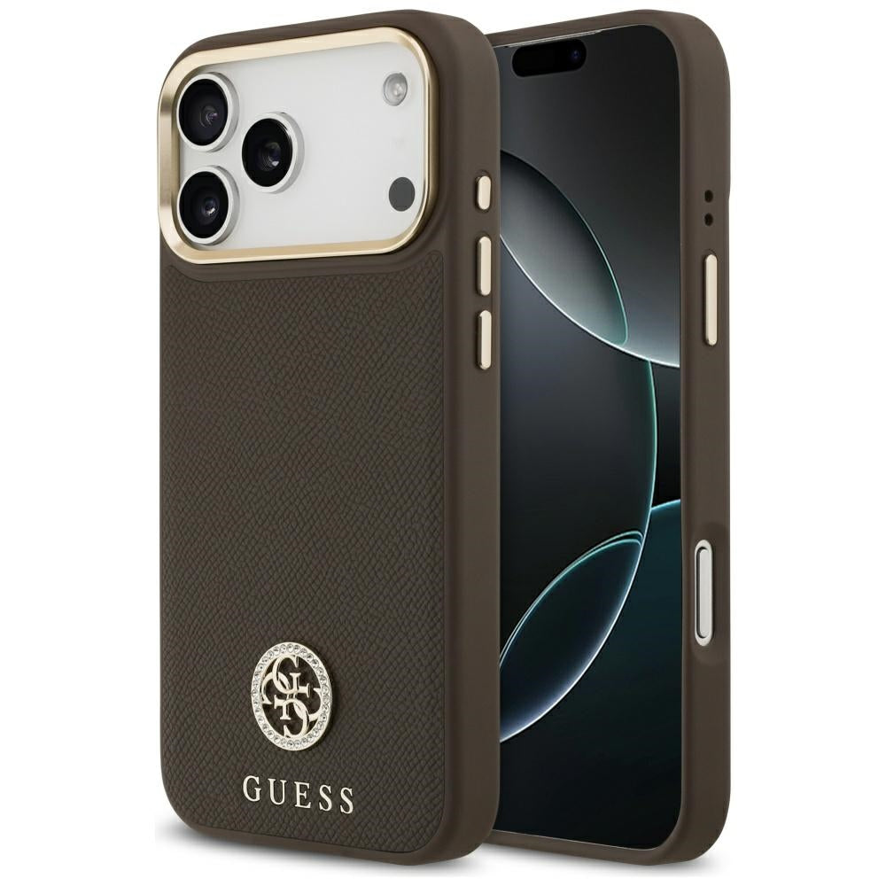 Étui MagSafe pour Apple iPhone 17 Pro Max, Guess, Logo Strass Grainé, Marron