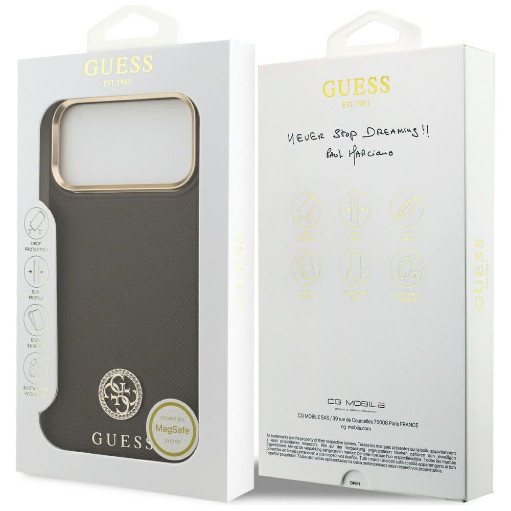 Étui MagSafe pour Apple iPhone 17 Pro Max, Guess, Logo Strass Grainé, Marron
