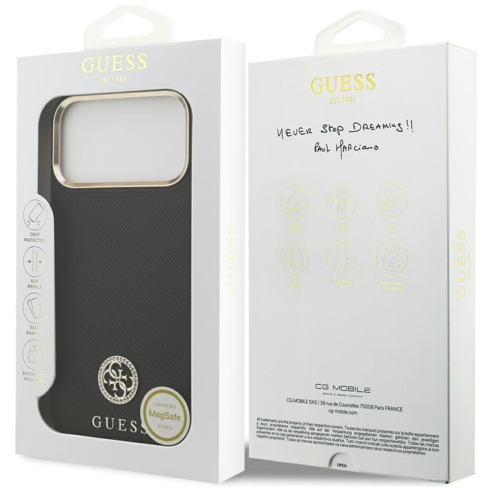 Étui MagSafe pour Apple iPhone 17 Pro Max, Guess, Logo Strass Grainé, Noir