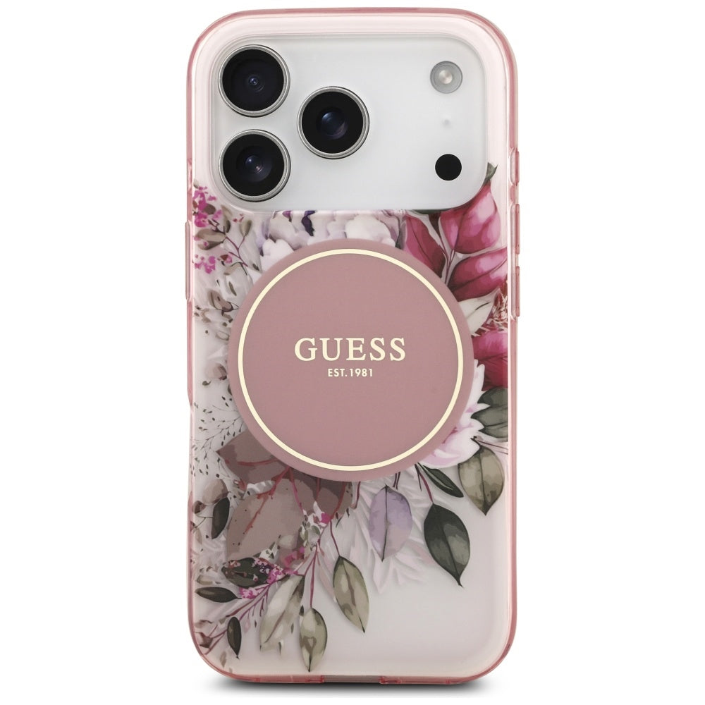Étui MagSafe pour Apple iPhone 17 Pro Max, Guess, IML Flower & Tonal Circle, Rose