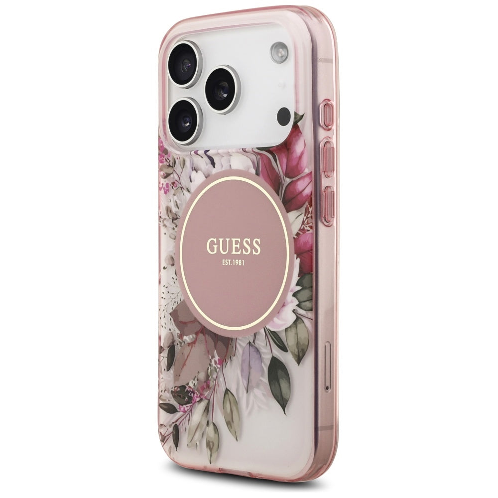 Étui MagSafe pour Apple iPhone 17 Pro Max, Guess, IML Flower & Tonal Circle, Rose