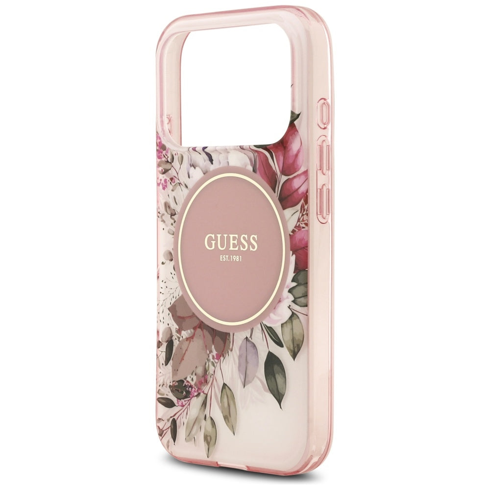 Étui MagSafe pour Apple iPhone 17 Pro Max, Guess, IML Flower & Tonal Circle, Rose