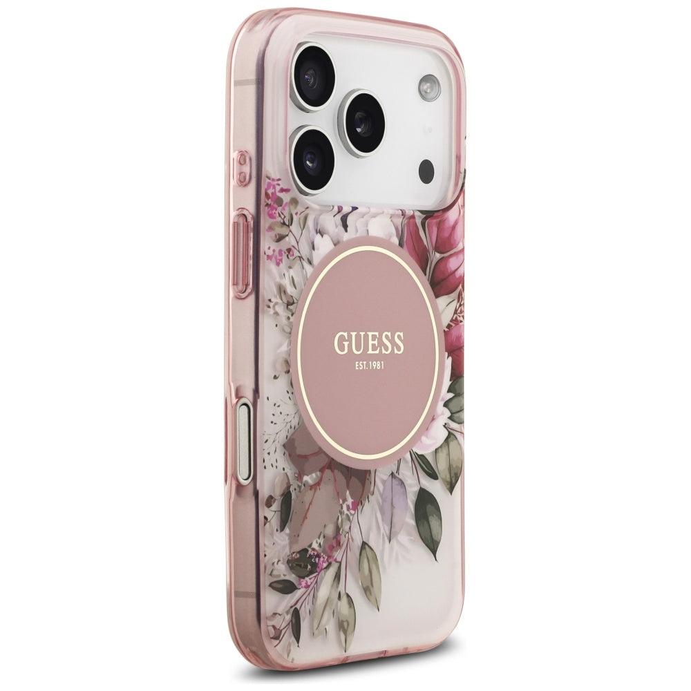Étui MagSafe pour Apple iPhone 17 Pro Max, Guess, IML Flower & Tonal Circle, Rose