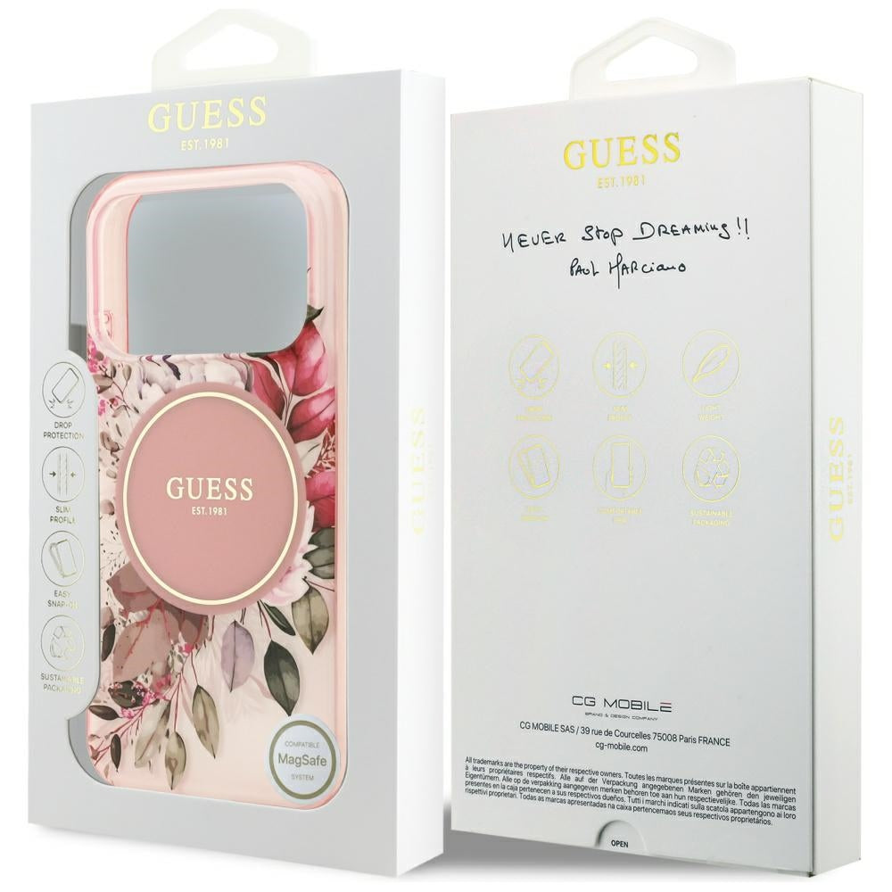 Étui MagSafe pour Apple iPhone 17 Pro Max, Guess, IML Flower & Tonal Circle, Rose