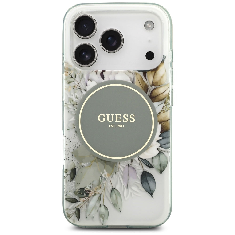 MagSafe Case for Apple iPhone 17 Pro Max, Guess, IML Flower & Tonal Circle, Green
