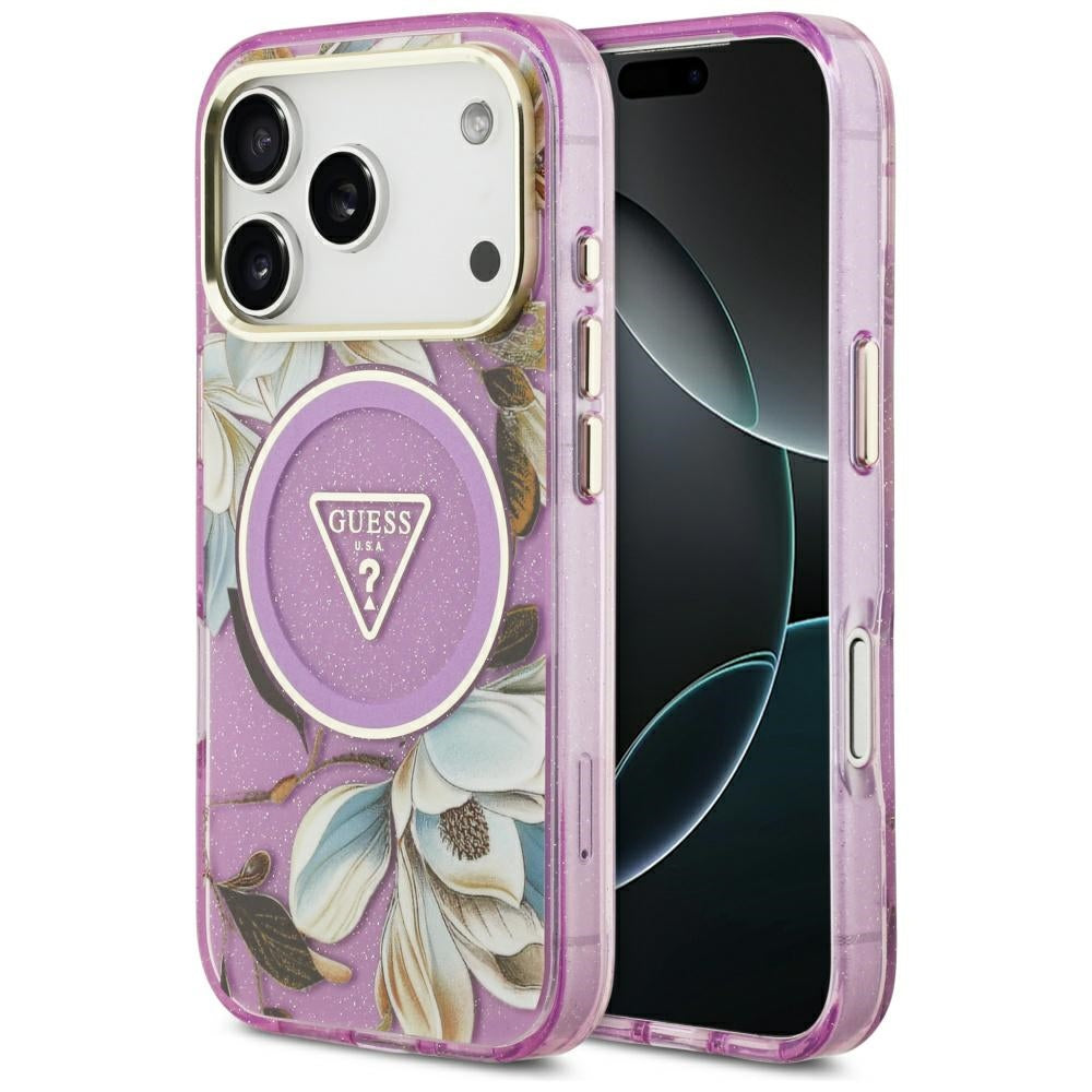 Étui MagSafe pour Apple iPhone 17 Pro Max, Guess, IML Metal Glitter Flowers Triangle, Violet