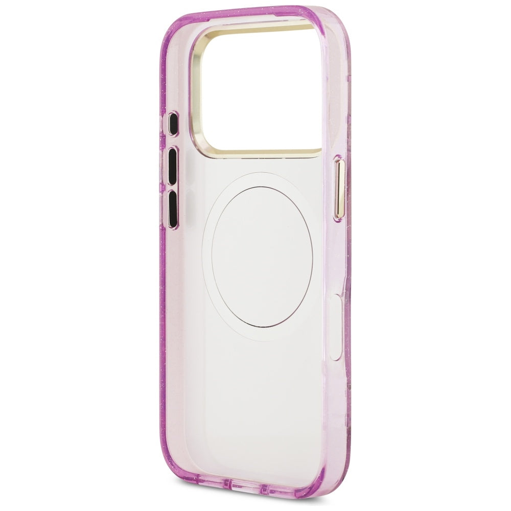 Étui MagSafe pour Apple iPhone 17 Pro Max, Guess, IML Metal Glitter Flowers Triangle, Violet