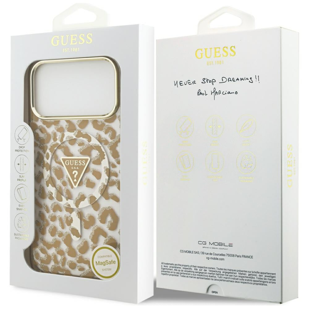 Étui MagSafe pour Apple iPhone 17 Pro Max, Guess, Leopard Glitter, Marron