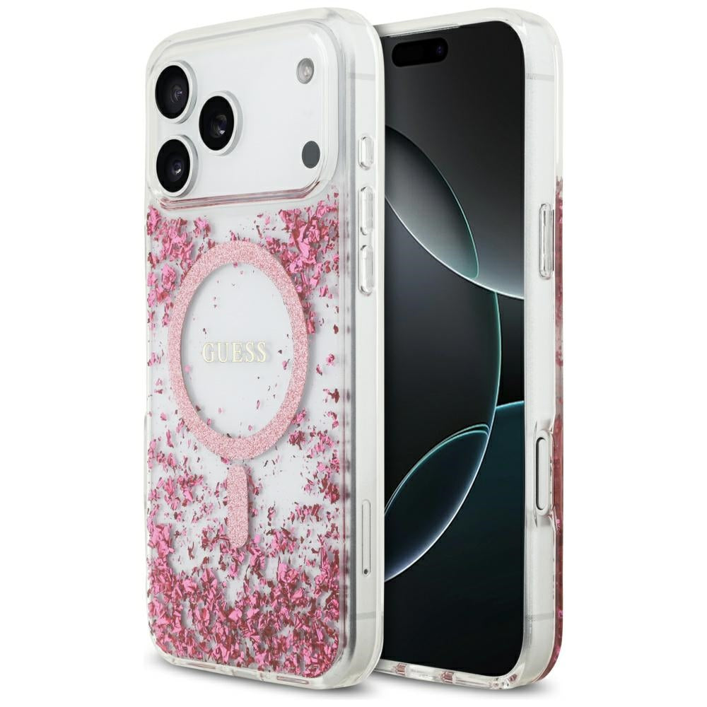 Coque MagSafe pour Apple iPhone 17 Pro Max, Guess, Fond en Résine Pailleté, Rose