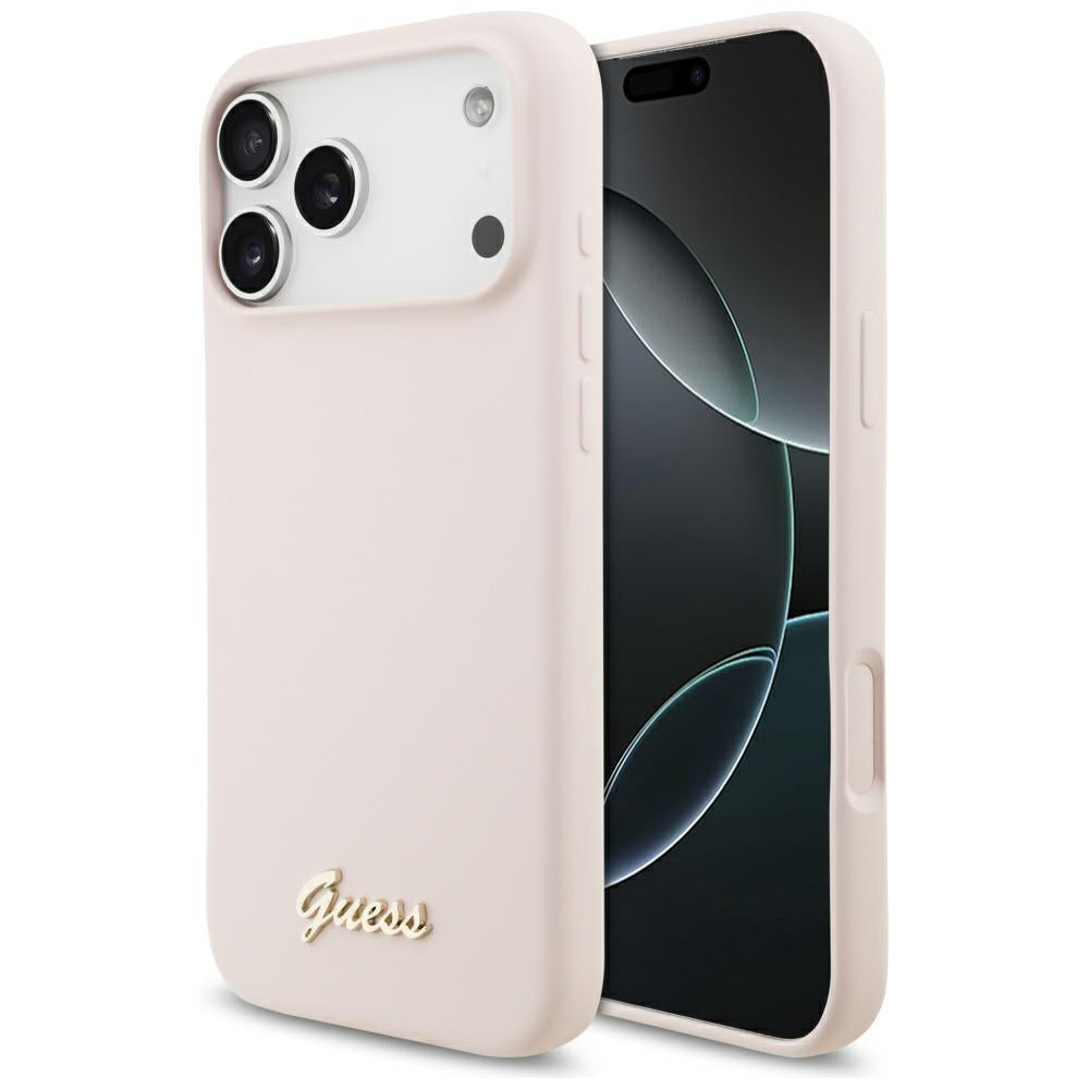 Coque MagSafe pour Apple iPhone 17 Pro Max, Guess, Script Metal Logo, Rose Clair