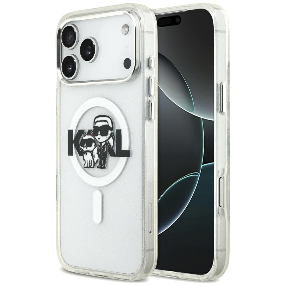 Coque MagSafe pour Apple iPhone 17 Pro Max, Karl Lagerfeld, IML Sketch Logo Glitter Karl & Choupette, Transparente