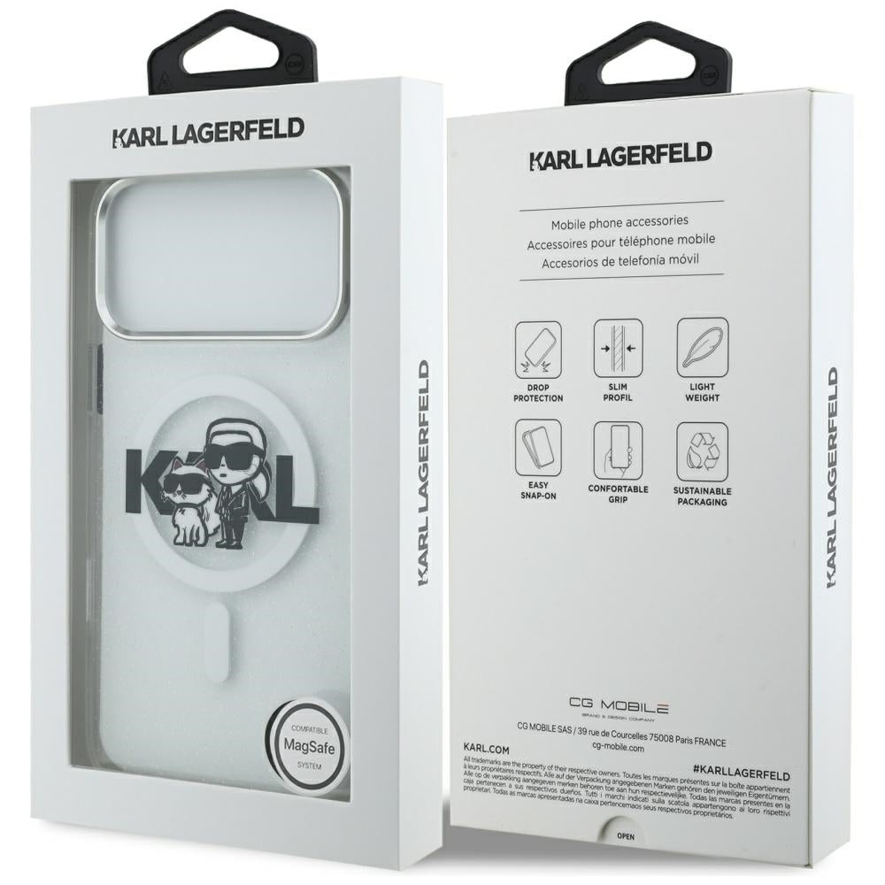 Coque MagSafe pour Apple iPhone 17 Pro Max, Karl Lagerfeld, IML Sketch Logo Glitter Karl & Choupette, Transparente