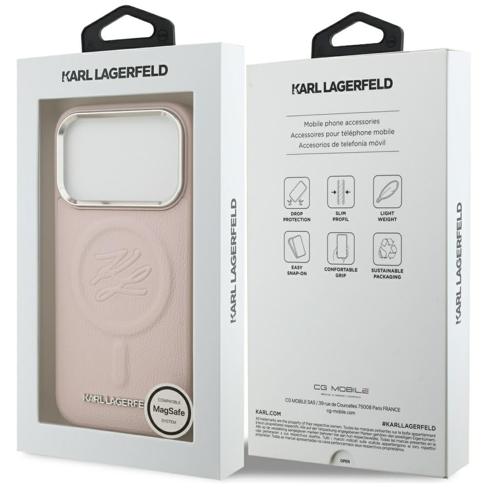 Coque MagSafe pour Apple iPhone 17 Pro Max, Karl Lagerfeld, Logo Initial & Métal, Rose