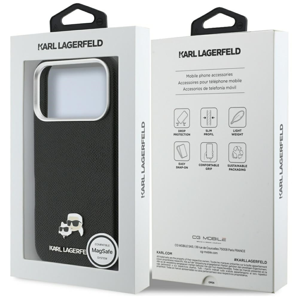 Coque MagSafe pour Apple iPhone 17 Pro Max, Karl Lagerfeld, Karl & Choupette Head's Pin, Noire