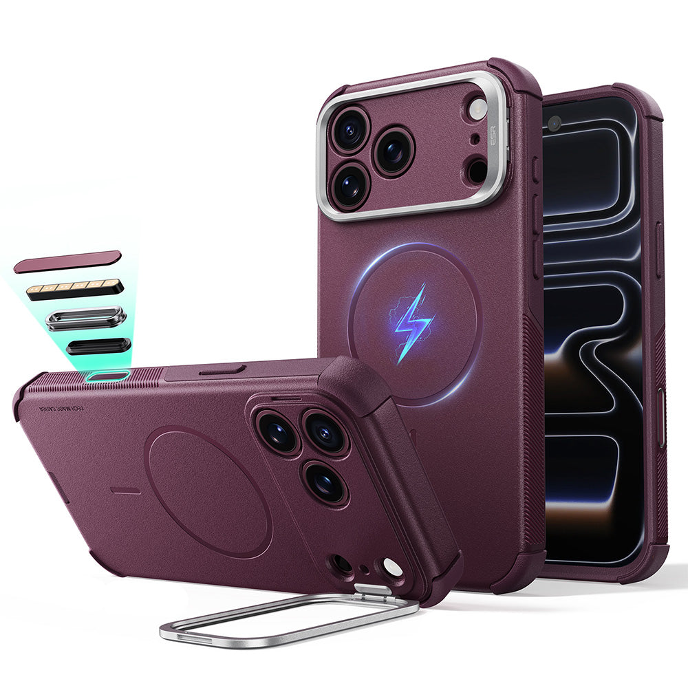 Coque MagSafe pour Apple iPhone 18 Pro / 17 Pro, ESR, Cyber Armor Kickstand, Bordeaux Foncé Satiné