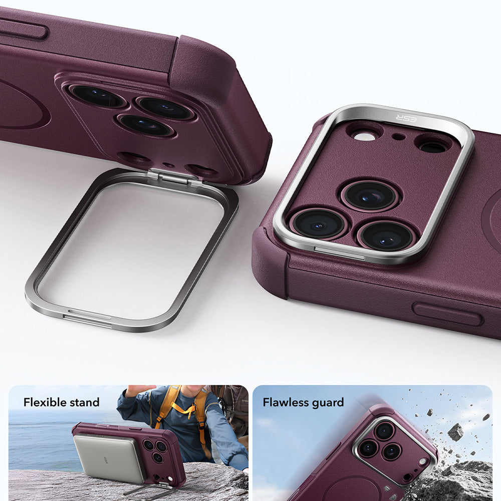 Coque MagSafe pour Apple iPhone 18 Pro / 17 Pro, ESR, Cyber Armor Kickstand, Bordeaux Foncé Satiné