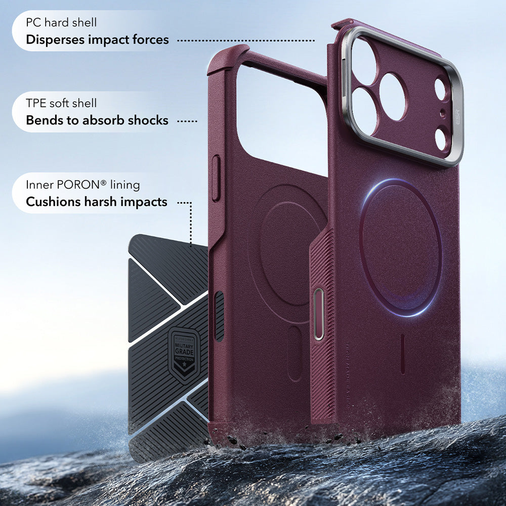 Coque MagSafe pour Apple iPhone 18 Pro / 17 Pro, ESR, Cyber Armor Kickstand, Bordeaux Foncé Satiné