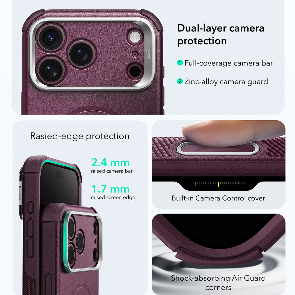 Coque MagSafe pour Apple iPhone 18 Pro / 17 Pro, ESR, Cyber Armor Kickstand, Bordeaux Foncé Satiné