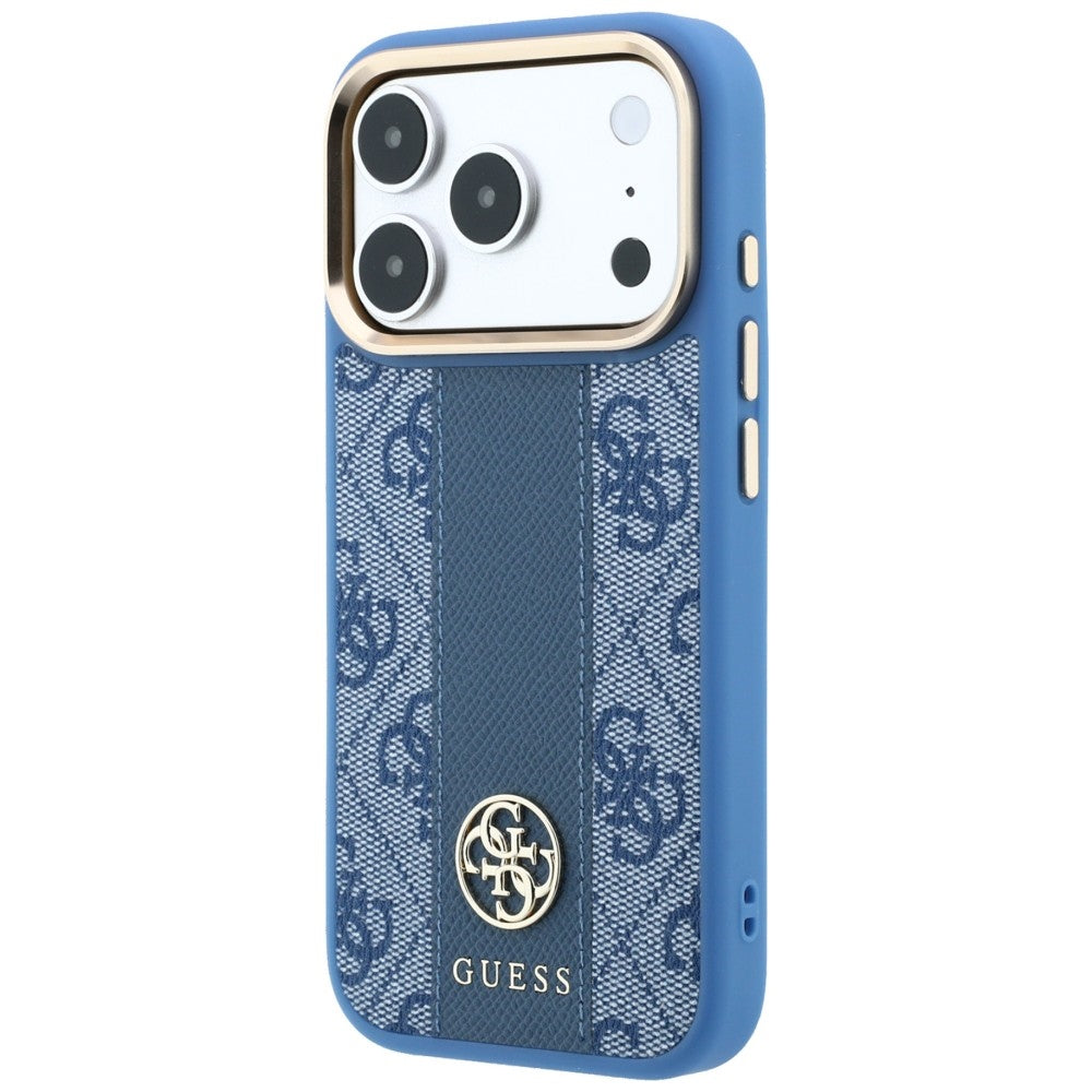 Coque MagSafe pour Apple iPhone 18 Pro / 17 Pro, Guess, Logo Classique Rond 4G Rayé, Bleue