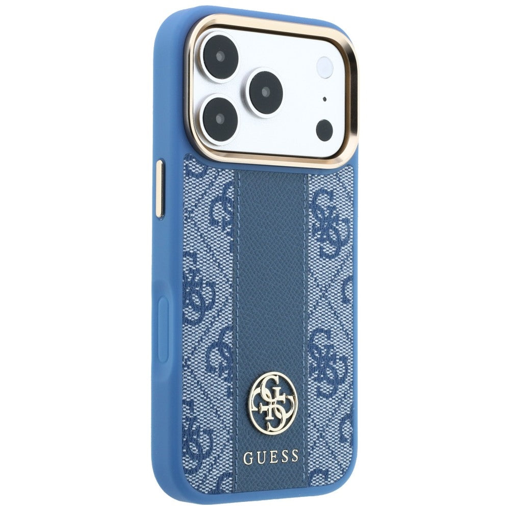 Coque MagSafe pour Apple iPhone 18 Pro / 17 Pro, Guess, Logo Classique Rond 4G Rayé, Bleue