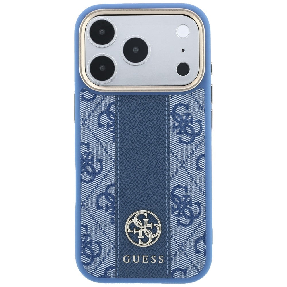 Coque MagSafe pour Apple iPhone 18 Pro / 17 Pro, Guess, Logo Classique Rond 4G Rayé, Bleue