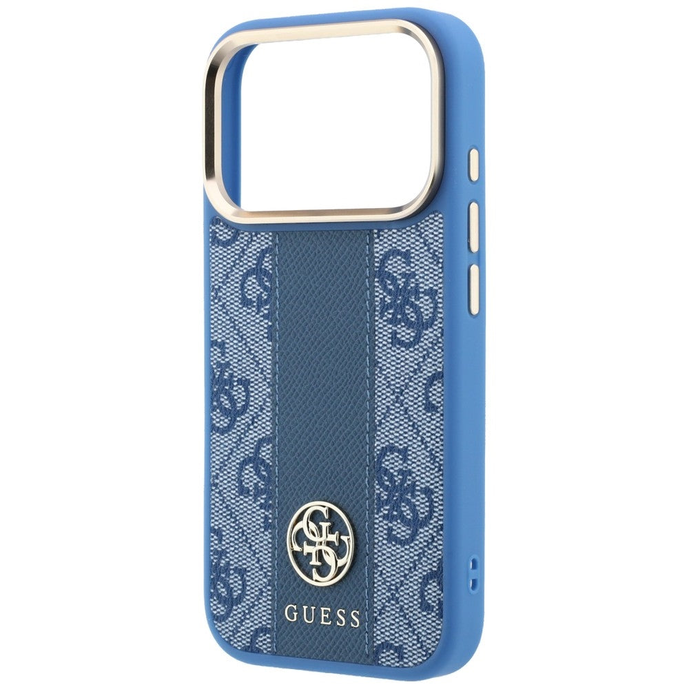 Coque MagSafe pour Apple iPhone 18 Pro / 17 Pro, Guess, Logo Classique Rond 4G Rayé, Bleue