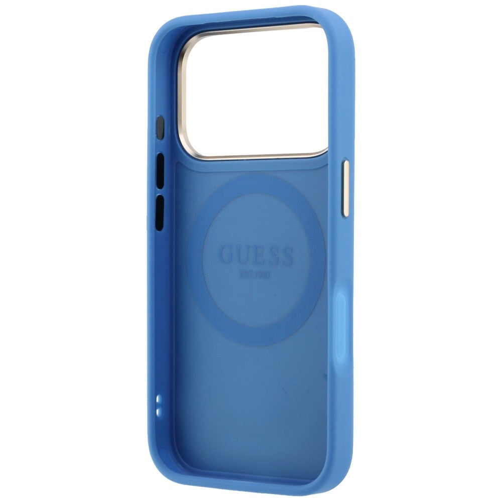 Coque MagSafe pour Apple iPhone 18 Pro / 17 Pro, Guess, Logo Classique Rond 4G Rayé, Bleue