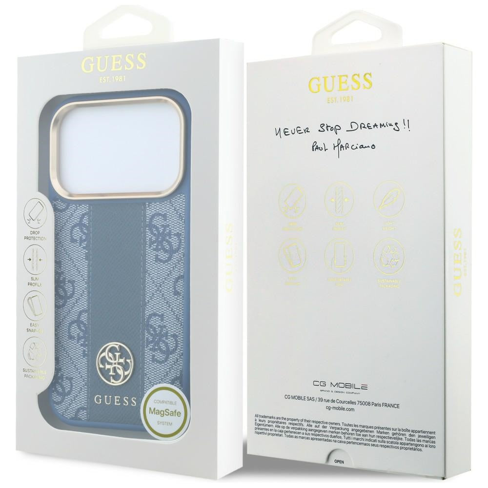 Coque MagSafe pour Apple iPhone 18 Pro / 17 Pro, Guess, Logo Classique Rond 4G Rayé, Bleue