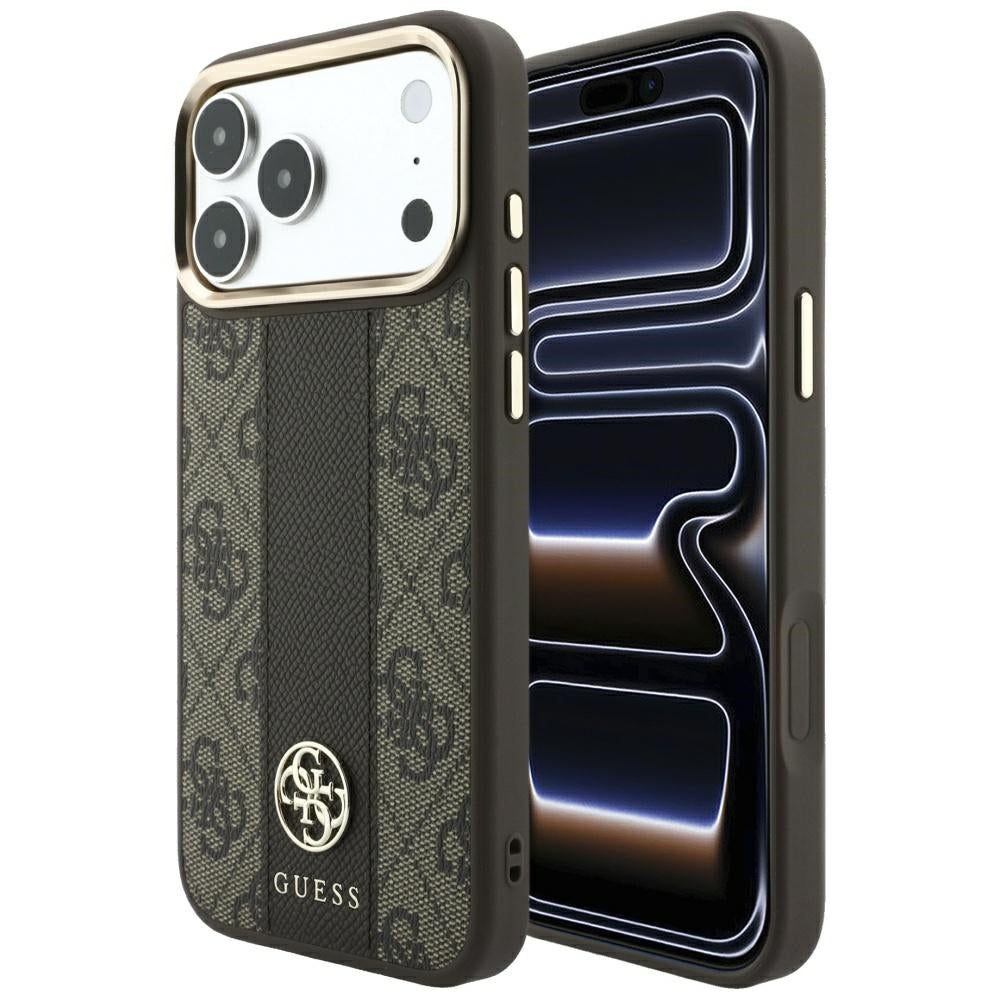 Coque MagSafe pour Apple iPhone 18 Pro / 17 Pro, Guess, Logo Classique Rond 4G Stripe, Marron