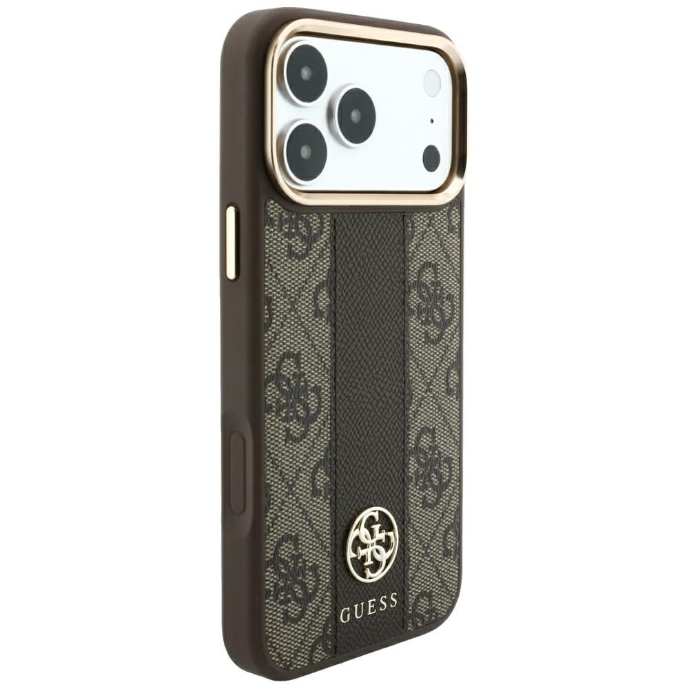Coque MagSafe pour Apple iPhone 18 Pro / 17 Pro, Guess, Logo Classique Rond 4G Stripe, Marron
