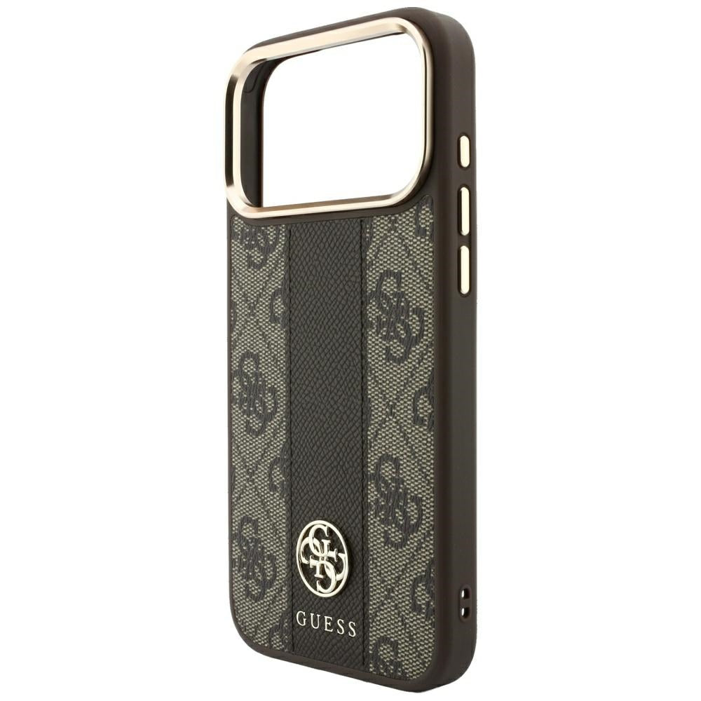 Coque MagSafe pour Apple iPhone 18 Pro / 17 Pro, Guess, Logo Classique Rond 4G Stripe, Marron